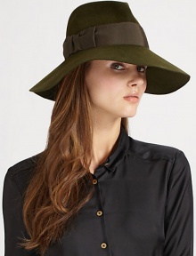 Sculpted wide brim style in soft velour felt with grosgrain ribbon trim.Brim, about 5 Band: 60% rayon/40% cotton Rabbit fur Specialist clean only Made in USA of imported material Sculpted wide brim style in soft velour felt with grosgrain ribbon trim.Brim, about 5 Band: 60% rayon/40% cotton Rabbit fur Specialist clean only Made in USA of imported material
