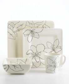 Sprawling black and white flowers lend your tabletop a modern sensibility. With a blend of hand-painted florals and contemporary design, the white dinnerware and dishes from Laurie Gates' Anna square 4-piece place settings are crafted to enhance your decor at special occasions or quiet nights at home. Sprawling black and white flowers lend your tabletop a modern sensibility. With a blend of hand-painted florals and contemporary design, the white dinnerware and dishes from Laurie Gates' Anna square 4-piece place settings are crafted to enhance your decor at special occasions or quiet nights at home.