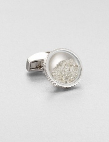 Precious and sparkling genuine diamond dust is captured under glass to create a unique cufflink for that very special person. This is a striking and beautiful cufflink which reflects the Tateossian manner of using precious materials in unexpected ways. Each cuff link contains 1.5 carats of diamond dust. The Tateossian signature diamond pattern is captured on the case.Sold separatelyRhodium with black diamond dustEnamel trimMade in United Kingdom Precious and sparkling genuine diamond dust is captured under glass to create a unique cufflink for that very special person. This is a striking and beautiful cufflink which reflects the Tateossian manner of using precious materials in unexpected ways. Each cuff link contains 1.5 carats of diamond dust. The Tateossian signature diamond pattern is captured on the case.Sold separatelyRhodium with black diamond dustEnamel trimMade in United Kingdom