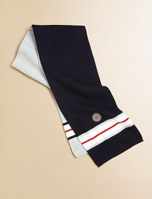 A toasty wool-blend wrap from Italy in handsome stripes with logo detail.50% wool/50% acrylicMade in Italy A toasty wool-blend wrap from Italy in handsome stripes with logo detail.50% wool/50% acrylicMade in Italy