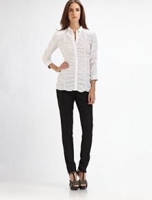 Ruched vertical seams add style and intrigue to this crisp, cotton style.Shirt collarButton frontThree-quarter sleeves with button cuffsAllover ruchingAbout 25 from shoulder to hem96% cotton/4% elastaneDry cleanImported Ruched vertical seams add style and intrigue to this crisp, cotton style.Shirt collarButton frontThree-quarter sleeves with button cuffsAllover ruchingAbout 25 from shoulder to hem96% cotton/4% elastaneDry cleanImported