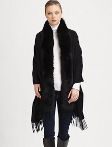 EXCLUSIVELY AT SAKS.COM A luxurious cashmere design with fringed ends and dyed fox accents. Fully linedAbout 30 X 70Specialist dry cleanImported Fur origin: Finland EXCLUSIVELY AT SAKS.COM A luxurious cashmere design with fringed ends and dyed fox accents. Fully linedAbout 30 X 70Specialist dry cleanImported Fur origin: Finland