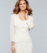 Alex Evenings dazzles with this petite two-piece set, designed with special celebrations in mind. A sheer jacket and cami feature a gorgeous crocheted lace look and are elevated by a smattering of sequins throughout.