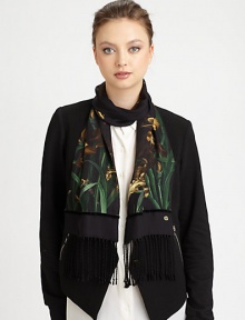 A beautiful iris print adorns sumptuous silk with hand-knotted fringe trim.SilkAbout 9 X 63Dry cleanMade in Italy A beautiful iris print adorns sumptuous silk with hand-knotted fringe trim.SilkAbout 9 X 63Dry cleanMade in Italy