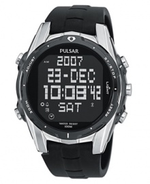 This digital men's watch from Pulsar features a comfortable, athletic strap and multiple functions. Black polyurethane strap and silvertone stainless steel round case. Black digital round dial with world time, alarm clock, stopwatch and countdown features. Digital movement. Water resistant to 100 meters. Three-year limited warranty. This digital men's watch from Pulsar features a comfortable, athletic strap and multiple functions. Black polyurethane strap and silvertone stainless steel round case. Black digital round dial with world time, alarm clock, stopwatch and countdown features. Digital movement. Water resistant to 100 meters. Three-year limited warranty.