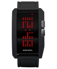 Step into the future. This Diesel watch features a black silicone strap and rectangular plastic case. Negative display digital dial with red LED digits and logo. Quartz movement. Water resistant to 30 meters. Two-year limited warranty.