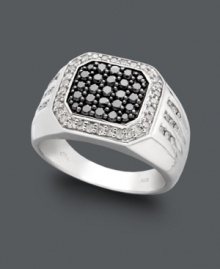 Square off on signature style. This shapely men's ring features a square-cut design adorned by round-cut black diamonds (5/8 ct. t.w.) and edged with round-cut white diamonds (3/8 ct. t.w.). Crafted in sterling silver. Size 10. Square off on signature style. This shapely men's ring features a square-cut design adorned by round-cut black diamonds (5/8 ct. t.w.) and edged with round-cut white diamonds (3/8 ct. t.w.). Crafted in sterling silver. Size 10.