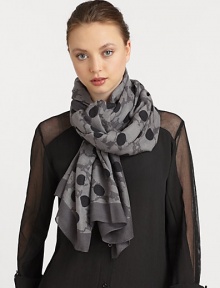 Plenty of polka dots and a solid border make this luxe cashmere and silk-blend scarf stand out.50% silk/50% cashmereAbout 52 X 71Dry cleanImported Plenty of polka dots and a solid border make this luxe cashmere and silk-blend scarf stand out.50% silk/50% cashmereAbout 52 X 71Dry cleanImported