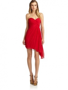 THE LOOKStrapless sweetheart necklineAsymmetrical ruched bodiceTiny ruffle trimBoned bodiceSide draped chiffon at skirtOptional shoulder strapsTHE FITAbout 34 from top to hemTHE MATERIALSilkFully linedCARE & ORIGINDry cleanImportedModel shown is 5'9 (175cm) wearing US size 4. THE LOOKStrapless sweetheart necklineAsymmetrical ruched bodiceTiny ruffle trimBoned bodiceSide draped chiffon at skirtOptional shoulder strapsTHE FITAbout 34 from top to hemTHE MATERIALSilkFully linedCARE & ORIGINDry cleanImportedModel shown is 5'9 (175cm) wearing US size 4.