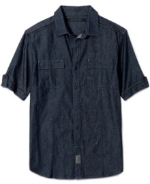 Rugged? Refined? Why have to choose? We say this short-sleeved, workwear-inspired style from Sean John could go either way. Wear it to dress up a sweater and khakis. Or dress down a jacket and tie. Rugged? Refined? Why have to choose? We say this short-sleeved, workwear-inspired style from Sean John could go either way. Wear it to dress up a sweater and khakis. Or dress down a jacket and tie.