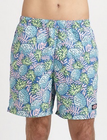 Enjoy a tropical state of mind when wearing these quick-drying trunks, finished in classic-fitting, pineapple print.Elastic waistbandSide slash, back flap pocketsInseam, about 6PolyesterMachine washImported Enjoy a tropical state of mind when wearing these quick-drying trunks, finished in classic-fitting, pineapple print.Elastic waistbandSide slash, back flap pocketsInseam, about 6PolyesterMachine washImported