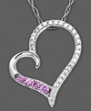 Trendy and beautiful, this stylized heart necklace is complete with a touch of color. Featuring round-cut pink sapphire (1/10 ct. t.w.) and round-cut diamond (1/8 ct. t.w.) set in 14k white gold. Approximate length: 18 inches. Approximate drop: 3/4 inch.