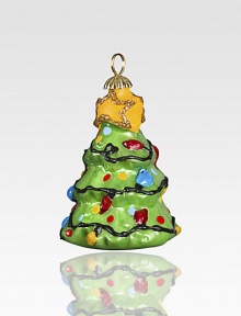 Hang this lovely tree upon your tree and enjoy its mouth-blown, hand-painted elegance, completed by a glittering gold star on top.Glass1.75H X 1.25 diam.Imported Hang this lovely tree upon your tree and enjoy its mouth-blown, hand-painted elegance, completed by a glittering gold star on top.Glass1.75H X 1.25 diam.Imported