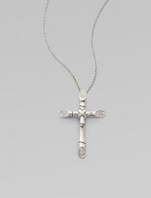 This beautiful sterling silver cross-lashed bamboo cross pendant is adorned with white sapphires. White sapphires Sterling silver Length, about 36 Pendant size, about ¾L X ½ W Lobster clasp Imported This beautiful sterling silver cross-lashed bamboo cross pendant is adorned with white sapphires. White sapphires Sterling silver Length, about 36 Pendant size, about ¾L X ½ W Lobster clasp Imported
