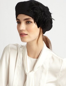 Fabulous feathered cluster, topped by a felt flower, adds drama to this soft knit beret.Diameter, about 33¾ Wool Made in Italy Fabulous feathered cluster, topped by a felt flower, adds drama to this soft knit beret.Diameter, about 33¾ Wool Made in Italy