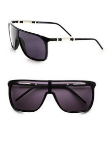 A sporty shield style rendered in lightweight resin with metal detail. Available in shiny black frames with smoke flash lenses.Resin/metal100% UV ProtectionMade in Italy A sporty shield style rendered in lightweight resin with metal detail. Available in shiny black frames with smoke flash lenses.Resin/metal100% UV ProtectionMade in Italy