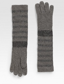 Eye-catching metallic threads lend dazzling style to these striped, wool-blend gloves.Merino Wool/Metallic Yarns/NylonAbout 16.5 longDry cleanImported Eye-catching metallic threads lend dazzling style to these striped, wool-blend gloves.Merino Wool/Metallic Yarns/NylonAbout 16.5 longDry cleanImported