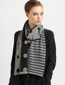 Eye-catching metallic threads lend a dazzling touch to this ultra-soft wool-blend knit wrap with bold stripes and dots.Wool/Polyester/Metallic Yarns9 X 70.5Dry cleanImported Eye-catching metallic threads lend a dazzling touch to this ultra-soft wool-blend knit wrap with bold stripes and dots.Wool/Polyester/Metallic Yarns9 X 70.5Dry cleanImported