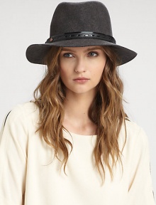 Soft and warm, this well crafted wool style offers a luxurious leather band for added interest. WoolLeatherBrim, about 2Made in Italy of imported fabrics Soft and warm, this well crafted wool style offers a luxurious leather band for added interest. WoolLeatherBrim, about 2Made in Italy of imported fabrics