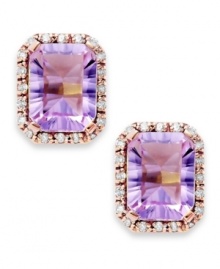 Richly colored with faceted details, these fun stud earrings showcase emerald-cut pink amethyst (2-1/2 ct. t.w.) edged by sparkling diamond accents. Set in 10k rose gold. Approximate drop length: 1/2 inch. Approximate drop width: 3/8 inch. Richly colored with faceted details, these fun stud earrings showcase emerald-cut pink amethyst (2-1/2 ct. t.w.) edged by sparkling diamond accents. Set in 10k rose gold. Approximate drop length: 1/2 inch. Approximate drop width: 3/8 inch.