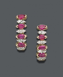 Add life to your look in red-hot hues. These spectacular and sparkling earrings highlight marquise-cut rubies (1 ct. t.w.) and round-cut diamonds (1/4 ct. t.w.) set in 14k gold. Approximate drop: 1/2 inch. Add life to your look in red-hot hues. These spectacular and sparkling earrings highlight marquise-cut rubies (1 ct. t.w.) and round-cut diamonds (1/4 ct. t.w.) set in 14k gold. Approximate drop: 1/2 inch.