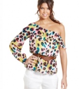 For girls that just want to have fun: XOXO's one-shoulder ruffled top flaunts a colorful print, belted waist and totally playful attitude!