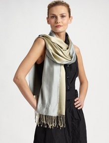 A luxurious silk design in a dual-tone style with logo embroidered detail and pretty fringe. SilkAbout 19½ X 70¾Dry cleanImported A luxurious silk design in a dual-tone style with logo embroidered detail and pretty fringe. SilkAbout 19½ X 70¾Dry cleanImported