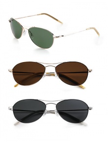 A modern rendition of the classic, in gold with emerald lens, gold with Java lens, or silver with midnight lens.High-quality metal frame Polarized lenses for enhanced visibility 100% UV protection 6 base lens curve Silicone nose pads and temple tips Imported