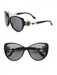 From the Mediterranean Flower Collection. These limited edition frames feature a gentle, faceted butterfly shape with dazzling crystal accented flower temples. Available in black with grey lens or cocoa brown with brown gradient lens. Crystal accented, flower logo temples100% UV protectionMade in Italy From the Mediterranean Flower Collection. These limited edition frames feature a gentle, faceted butterfly shape with dazzling crystal accented flower temples. Available in black with grey lens or cocoa brown with brown gradient lens. Crystal accented, flower logo temples100% UV protectionMade in Italy