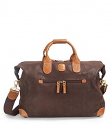 THE LOOKClassic duffel shapeLeather double top handlesRemovable webbed cotton shoulder strapRemovable luggage tagTop zip closureOne outside zip pocketSide snapsProtective feetOne inside zip pocketTHE MEASUREMENTDouble top handles, 5 dropRemovable, adjustable shoulder strap, 13-25 drop23W X 13H X 7DTHE MATERIALPVCLeather trimFully linedORIGINImported