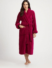 Wrap her in the incomparable luxury of this cozy, plush robe, sculpted with a subtle abstract floral motif.Shawl collarClassic wrap stylingSelf sashPatch pocketsLong sleevesAbout 48 longPolyesterMachine washImported Wrap her in the incomparable luxury of this cozy, plush robe, sculpted with a subtle abstract floral motif.Shawl collarClassic wrap stylingSelf sashPatch pocketsLong sleevesAbout 48 longPolyesterMachine washImported