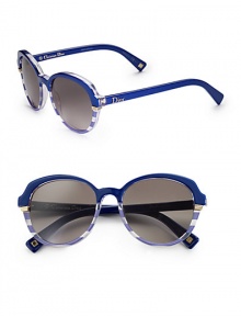 A fun, striped design in lightweight acetate. Available in blue crystal with grey gradient lens or striped yellow with brown gradient lens. Logo temples100% UV protectionMade in Italy A fun, striped design in lightweight acetate. Available in blue crystal with grey gradient lens or striped yellow with brown gradient lens. Logo temples100% UV protectionMade in Italy