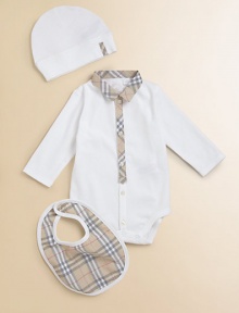 A classic cotton knit bodysuit, bib and hat accented with a soft-toned classic check pattern.Shirt collarLong sleevesButton-down placketBottom snapsCottonMachine washImported Please note: Number of snaps may vary depending on size ordered. 