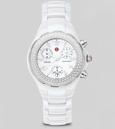 Michele Tahitian ceramic white diamond watch. A stainless steel bezel watch with ceramic case and bracelet. Enamel dial with mineral crystal and diamond detail. Quartz movement.