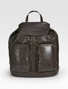 Calfskin leather backpack with belt-like closure and exterior zip pockets for maximum storage.Flap, drawstring tie closureTop handleDouble shoulder strapsExterior, interior pocketsLeather13¼W x 13¼H x 4½DMade in Italy Calfskin leather backpack with belt-like closure and exterior zip pockets for maximum storage.Flap, drawstring tie closureTop handleDouble shoulder strapsExterior, interior pocketsLeather13¼W x 13¼H x 4½DMade in Italy