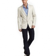 THE LOOKNotch lapelTwo-button frontChest welt pocketDetailed flap pockets at waistBack ventsTHE FITAbout 26 from shoulder to hemTHE MATERIAL97% cotton/3% elastaneFully linedCARE & ORIGINDry cleanImported