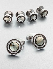 Small elements of sophistication that offer a polished style, defined by black diamond and swarovski crystal detail in rhodium-plated metal.DiamondsAbout ¾ diam.Made in the United Kingdom