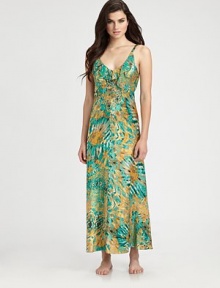 Slip into this lightweight design in a vivid floral print, with a feminine ruffled neckline. V-neck with ruffle trimAdjustable strapsPull-on styleAbout 51 from shoulder to hemPolyesterMachine washImported Slip into this lightweight design in a vivid floral print, with a feminine ruffled neckline. V-neck with ruffle trimAdjustable strapsPull-on styleAbout 51 from shoulder to hemPolyesterMachine washImported