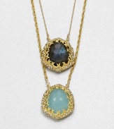 From the Elements Siyabona Collection. Two chains, two pendants and two stones form this striking style, both stones set in textured goldtone dotted with tiny Swarovski crystals.Peruvian chalcedony and labradoriteCrystalGoldtoneLength, about 16 with 3 extenderLobster claspMade in USA