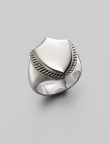 Polished sterling silver shield ring with cable trim. From the Thoroughbred Collection Facing, 17.13mm X 21.83mm Imported