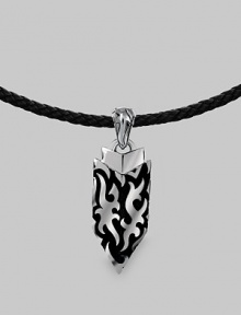 A thoroughly modern shield design crafted in fine sterling silver on an adjustable leather cord. From the Men's Dayak Collection Sterling silver Adjustable leather cord: 18-20 long ¾W X 2¼L Lobster clasp Imported A thoroughly modern shield design crafted in fine sterling silver on an adjustable leather cord. From the Men's Dayak Collection Sterling silver Adjustable leather cord: 18-20 long ¾W X 2¼L Lobster clasp Imported