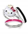 The royal treatment. Hello Kitty's set of three rings is crafted from sterling silver with a 14k gold plated crown and crystals enhancing the fun fashion statement. Size 7.