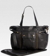 You'll still be carrying this elegant bag long after baby has grown, crafted of light, soft leather with two outer snap flap pockets, 2 open bottle pockets on each side, water-resistant lining with 1 zip and 3 open pockets, plus a matching changing pad.Two adjustable top handles, 11 drop Detachable shoulder strap Top zip closure 12H X 16W X 6D Made in USA