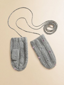 Wool-blend mittens sprinkled in glimmering rhinestones, finished with a touch of cashmere and loss-prevention string. Loss-prevention stringPolyester/nylon/wool/angora/cashmereHand washImported Wool-blend mittens sprinkled in glimmering rhinestones, finished with a touch of cashmere and loss-prevention string. Loss-prevention stringPolyester/nylon/wool/angora/cashmereHand washImported