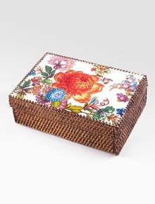 A perfect place to keep special letters, photos or other personal treasures, handcrafted of responsibly harvested bamboo with an exuberant floral design. Hinged lid Floral design on enameled steel Bamboo rattan Brass hardware 3½H X 7W X 10L Imported 