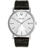 Sophistication through simplicity. Watch by Bulova crafted of black croc-embossed leather strap and round stainless steel case. Silver tone dial features stick indices, date window at three o'clock, logo at twelve o'clock and three hands. Quartz movement. Water resistant to 30 meters. Three-year limited warranty.