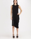 An artful, asymmetrical drape and a band of shiny, leather-look trim lend modern touches to this edgy silhouette.Jewel necklineSleevelessContrast side trimGathered side drapeAsymmetrical hemlineConcealed back zipAbout 37 from natural waist60% triacetate/40% polyesterDry cleanMade in Italy of imported fabricModel shown is 5'11 (180cm) wearing US size 4. 