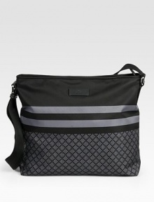 Leather trimmed diamante messenger with signature web.Zip top closureAdjustable shoulder strapsPalladium hardwareInterior zip, cell phone and PDA pocketsNylon lining12W x 13H x 4D Made in Italy Leather trimmed diamante messenger with signature web.Zip top closureAdjustable shoulder strapsPalladium hardwareInterior zip, cell phone and PDA pocketsNylon lining12W x 13H x 4D Made in Italy