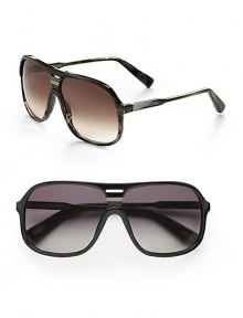 Sleek and sporty in lightweight acetate with engraved logo temple detail. Available in dark horn frames with grey gradient lenses or black frames with grey shade lenses. Logo temple detail 100% UV protective Made in Italy Sleek and sporty in lightweight acetate with engraved logo temple detail. Available in dark horn frames with grey gradient lenses or black frames with grey shade lenses. Logo temple detail 100% UV protective Made in Italy