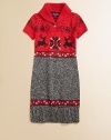 A fun, festive design that's also sophisticated, combining a Nordic knit bodice with a sleek marled skirt in a sweater-soft blend of yarns.Ribbed shawl collarRibbed placket with one lacy snowflake buttonShort sleeves with ribbed cuffsSlim marled skirt with border and ribbed hem80% cotton/20% yakHand washImported